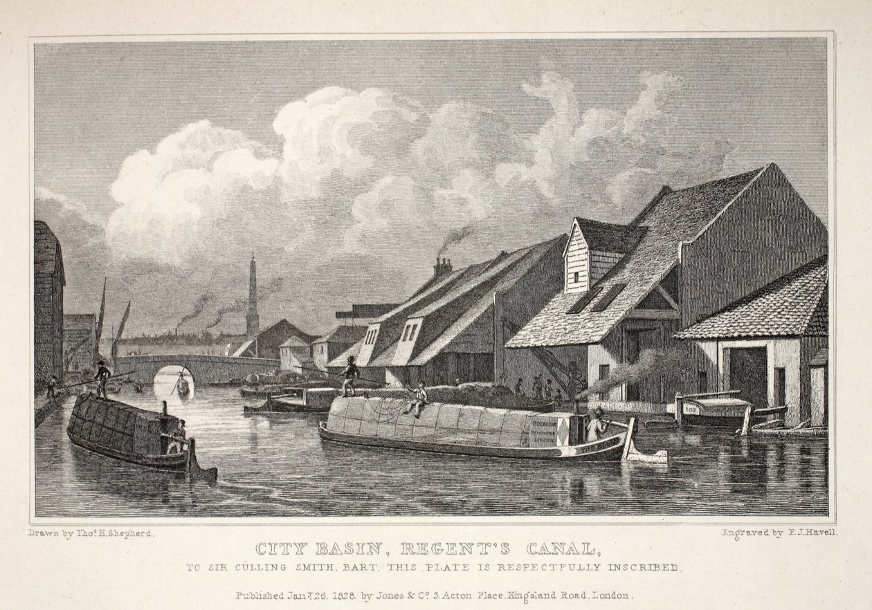 City Basin, Regent&39;s Canal, do pub "London and its Environs in the 19th Century". Jones und Co., 1827-1829 de Thomas Hosmer Shepherd