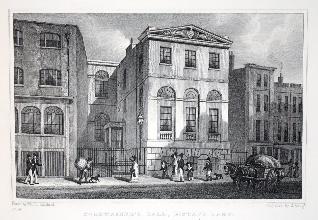 Hall de Cordwainer, Distant Lane, do pub "London and its Environs in the 19th Century". Jones und Co., 1827-1829 de Thomas Hosmer Shepherd