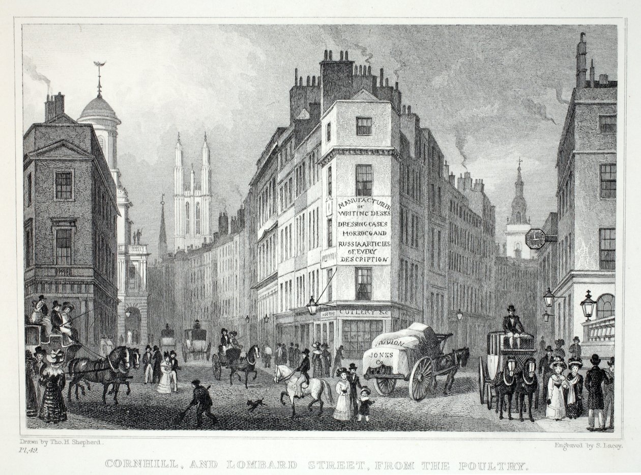 Cornill e Lombard Steet, do Poultry, do pub "London and its Environs in the 19th Century". Jones und Co., 1827-1829 de Thomas Hosmer Shepherd