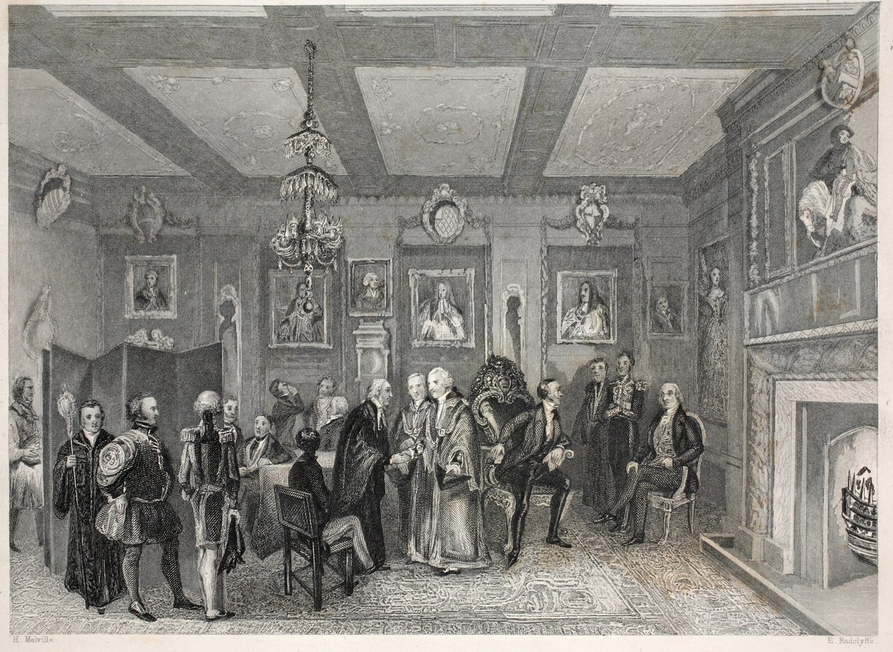 Câmara do Conselho, Vintner&39;s Hall, do pub "London Interiors with Costumes and Ceremonies". Joseph Mead, Londres, c.1843 (gravura em aço) de Thomas Hosmer Shepherd
