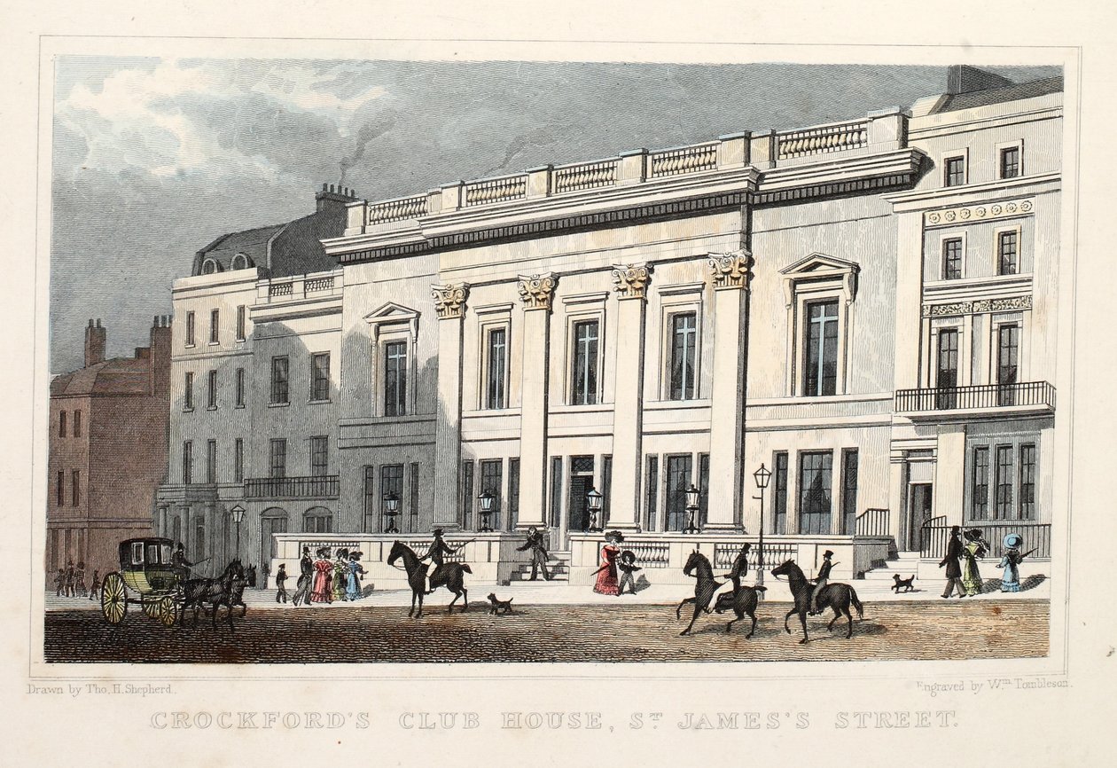 Crockfords Club House, St. James Street. Bar. 1828 (gravura colorida à mão) de Thomas Hosmer Shepherd
