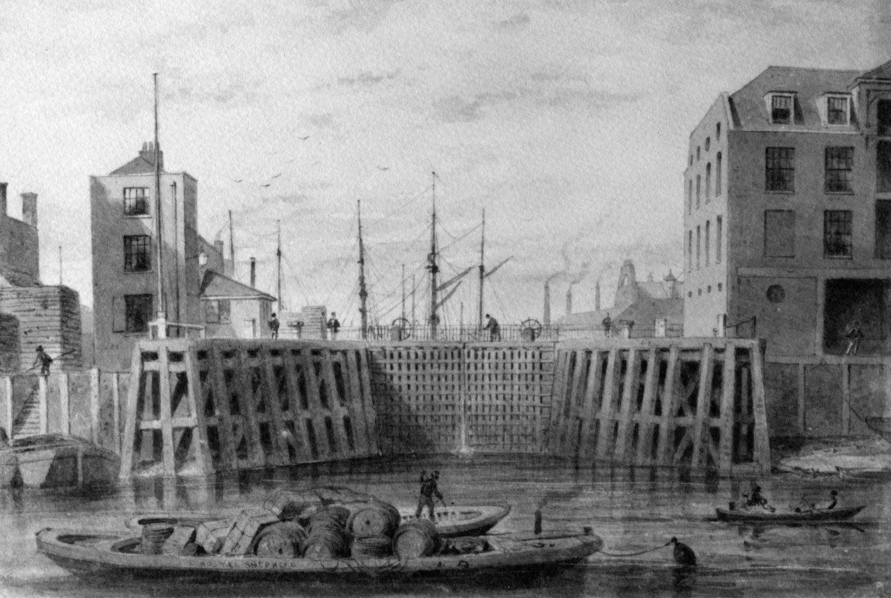 Entrada para o Limehouse Dock, 1850 (caneta, tinta e papel) de Thomas Hosmer Shepherd