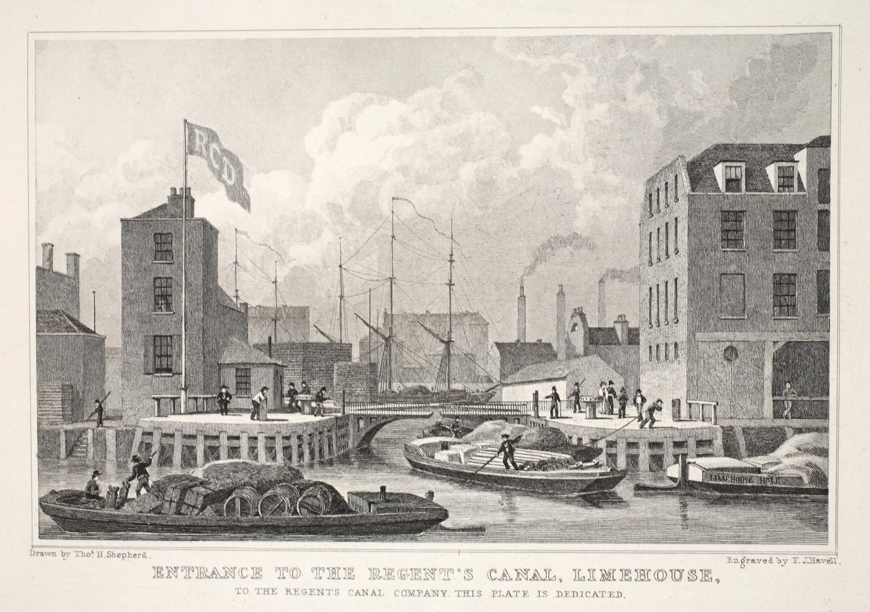 Entrada para o Regent&39;s Canal, Limehouse, do pub "London and its Environs in the 19th Century". Jones und Co., 1827-1829 de Thomas Hosmer Shepherd