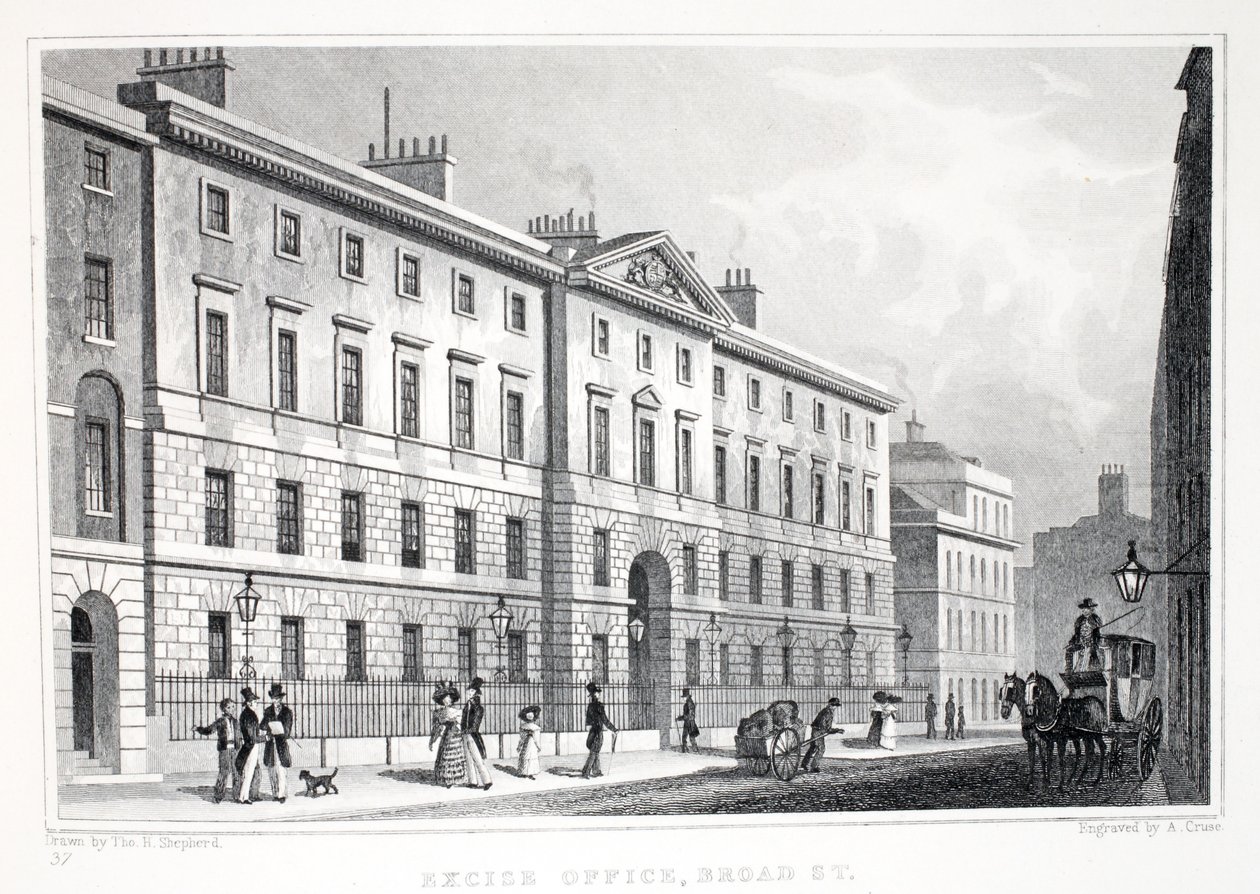 Escritório de Impostos, Broad Street, do pub "London and its Environs in the 19th Century". Jones und Co., 1827-1829 de Thomas Hosmer Shepherd