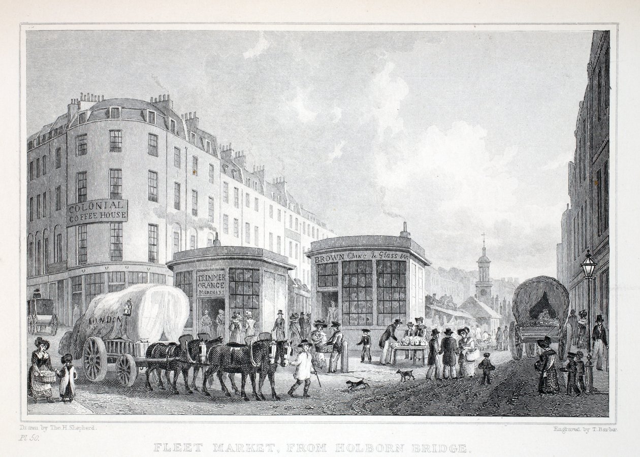 Fleet Street, de Holborn Bridge, do pub "London and its Environs in the 19th Century". Jones und Co., 1827-1829 de Thomas Hosmer Shepherd