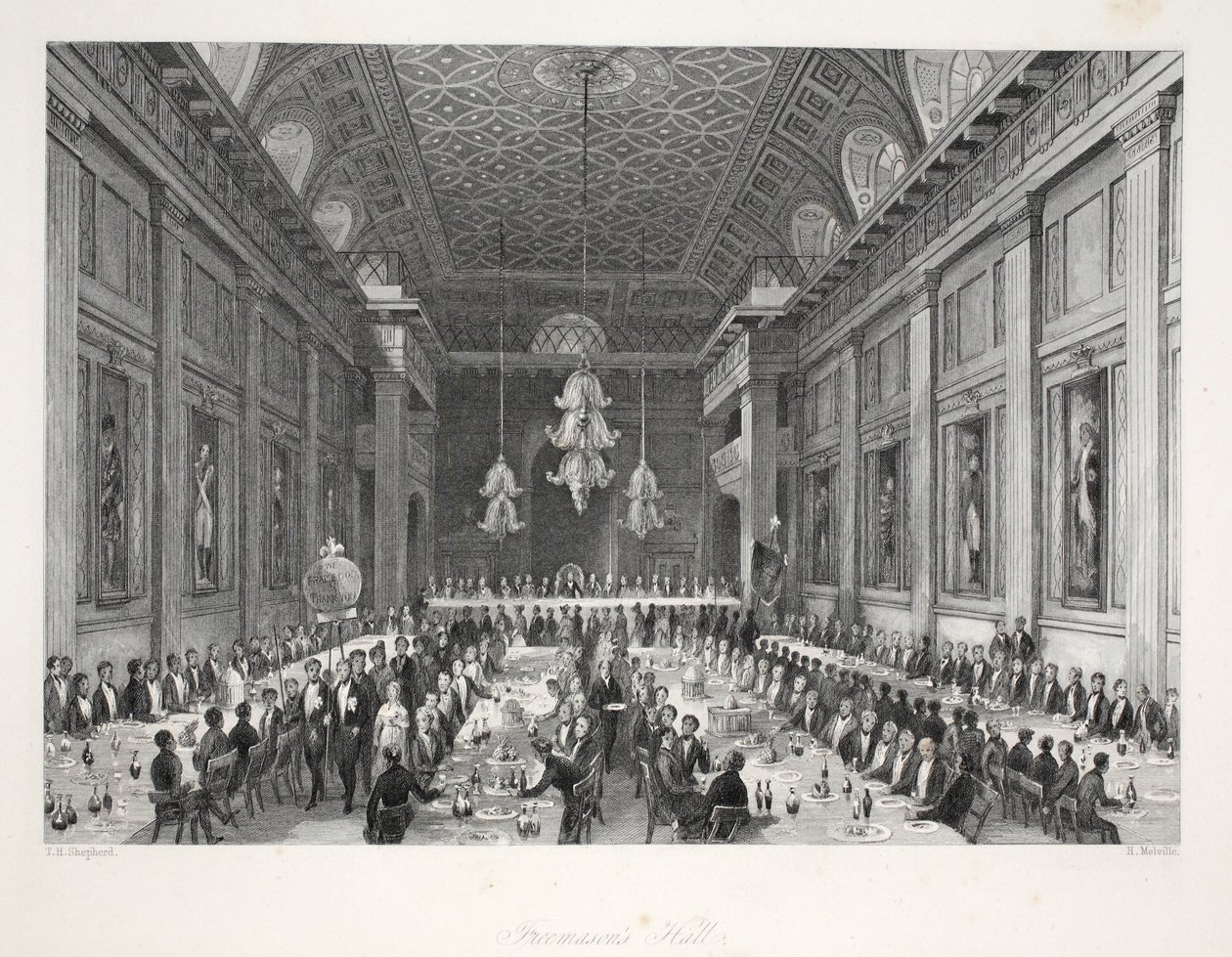Salão do Maçom, do pub "London Interiors with their Costumes and Ceremonies". Joseph Mead, Londres, c.1843 (gravura em aço) de Thomas Hosmer Shepherd