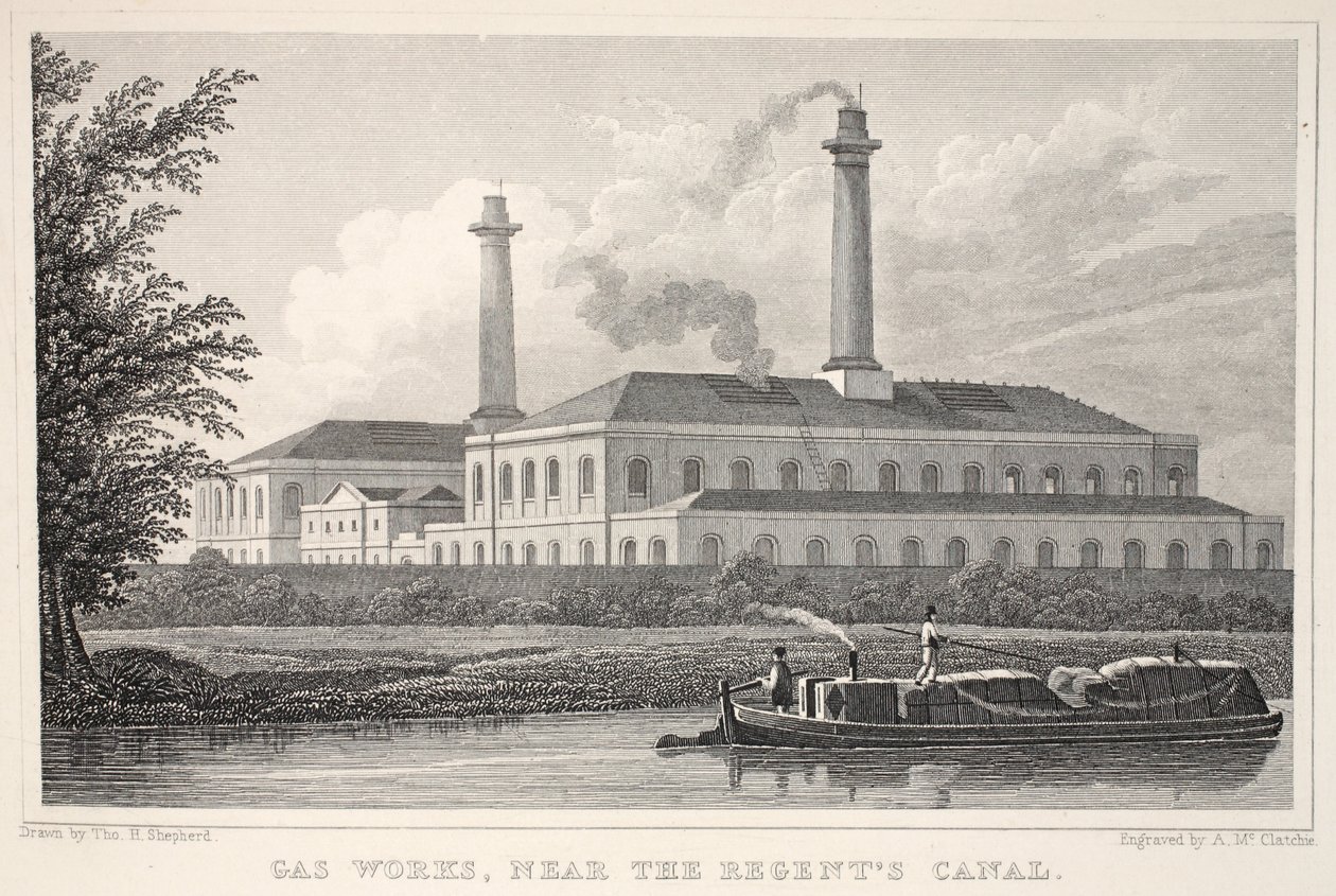 Gas Works, perto do Regents Canal, do pub "London and its Environs in the 19th Century". Jones und Co., 1827-1829 de Thomas Hosmer Shepherd