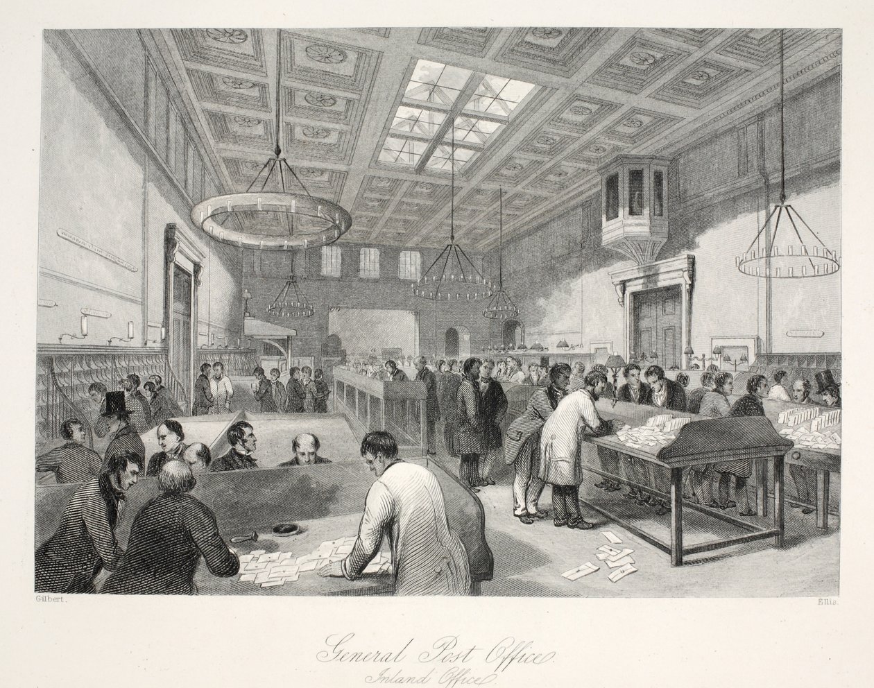 General Post Office, Inland Office, do pub "London Interiors with Costumes and Ceremonies". Joseph Mead, Londres, c.1843 (gravura em aço) de Thomas Hosmer Shepherd