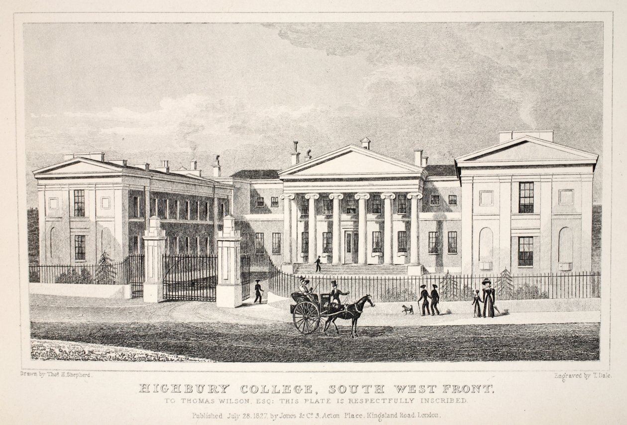 Highbury College, South West Front, do pub "London and its Environs in the 19th Century". Jones und Co., 1827-1829 de Thomas Hosmer Shepherd
