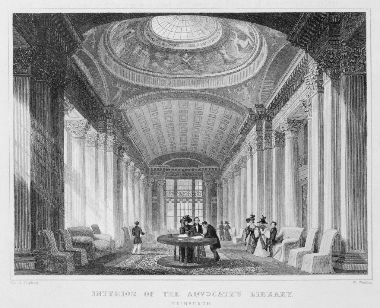 Interior da Biblioteca do Advogado, Edimburgo, gravado por William Watkins, 1831 (gravura) (foto bw) de Thomas Hosmer Shepherd