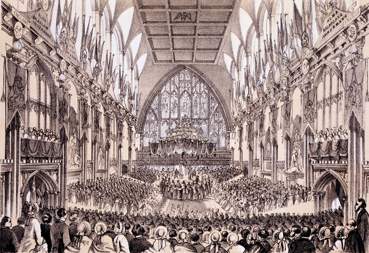 Interior da Guildhall - O Senhor Prefeito e Corporação apresentando seu endereço ao Imperador e Imperatriz dos Franceses, 19 de abril de 1855 de Thomas Hosmer Shepherd