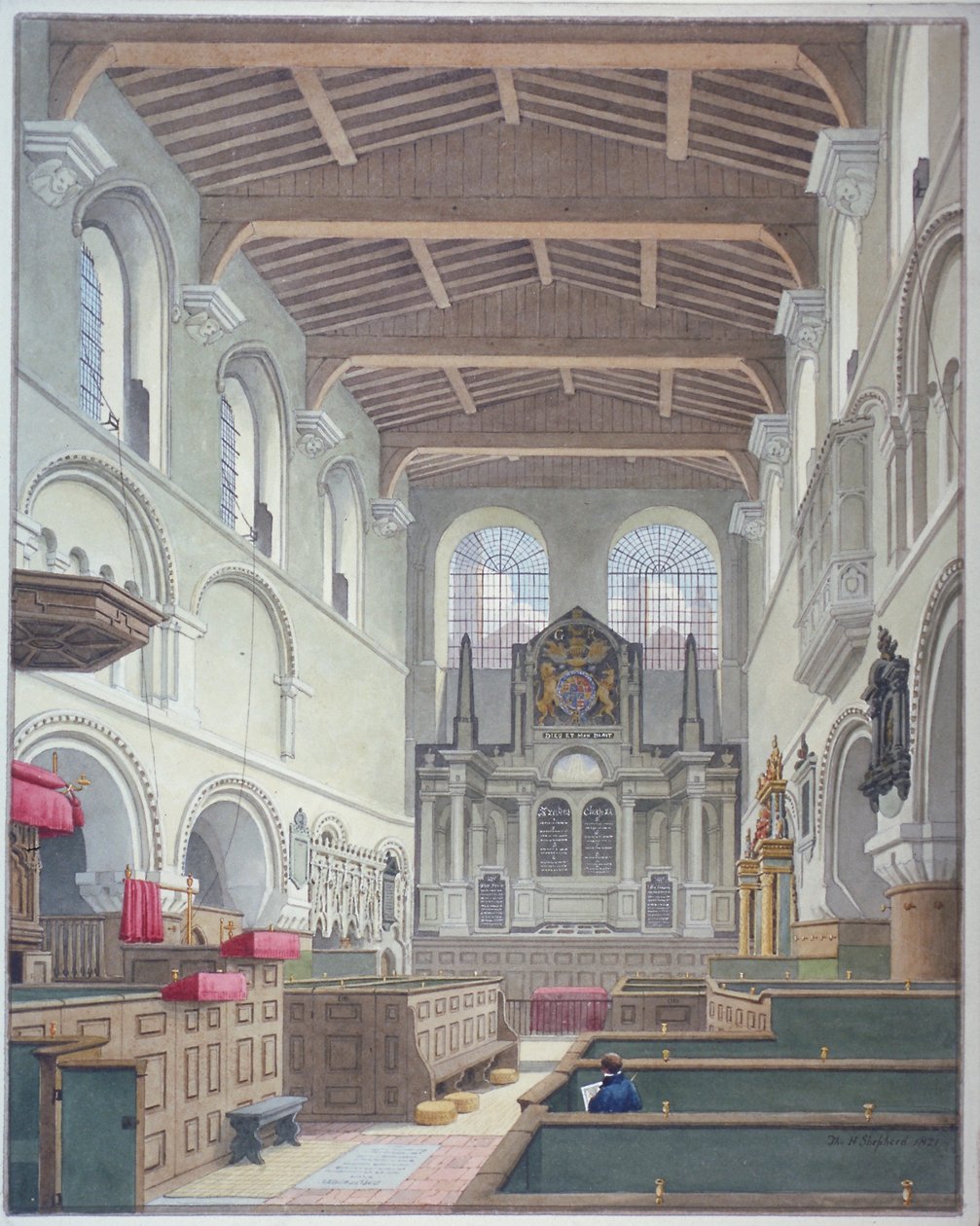 Vista interior da Igreja de São Bartolomeu-o-Grande, Smithfield, Cidade de Londres, 1821. de Thomas Hosmer Shepherd