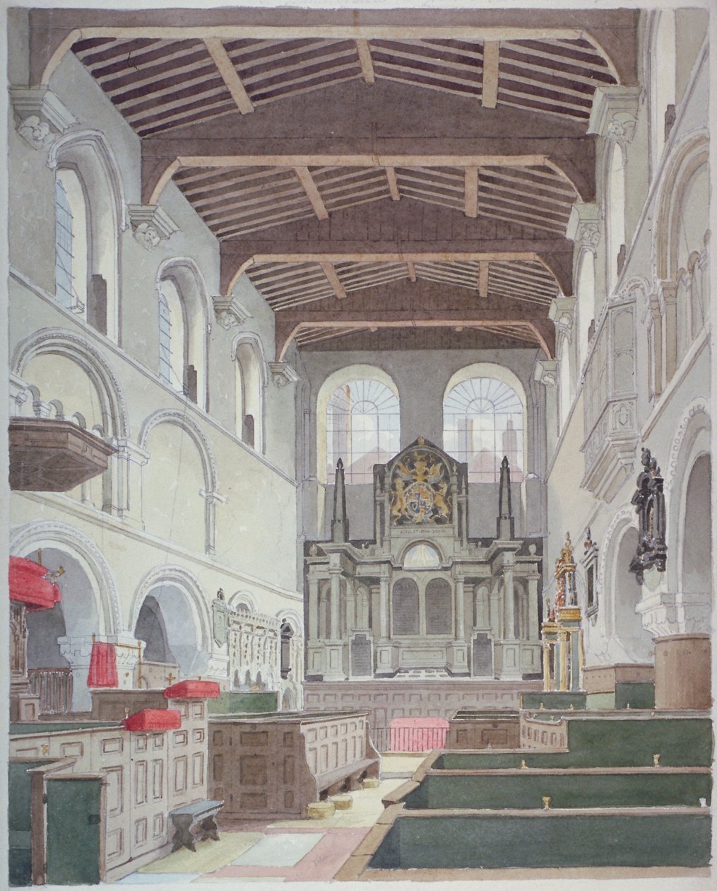 Vista interior da Igreja de São Bartolomeu-o-Grande, Smithfield, Cidade de Londres, 1821. de Thomas Hosmer Shepherd