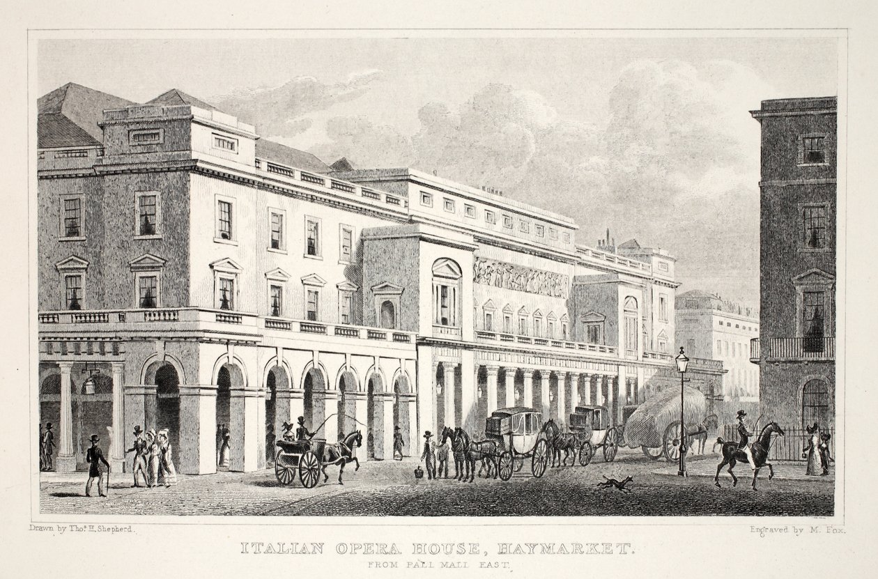 Casa de ópera italiana, Haymarket, do pub "Londres e seus arredores no século XIX". Jones und Co., 1827-1829 de Thomas Hosmer Shepherd