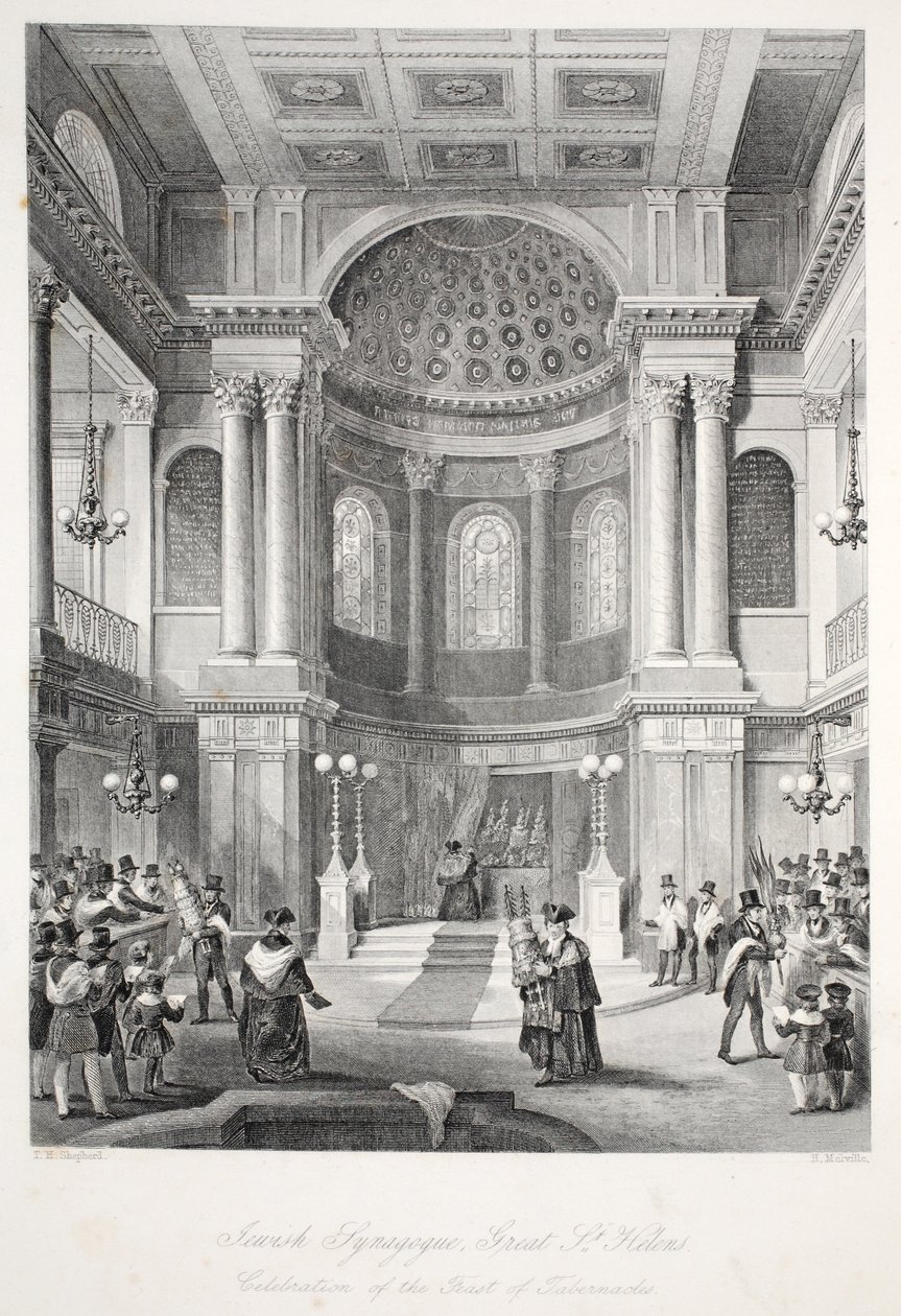 Sinagoga Judaica, Great St Helens, do pub "London Interiors with Costumes and Ceremonies". Joseph Mead, Londres, c.1843 (gravura em aço) de Thomas Hosmer Shepherd