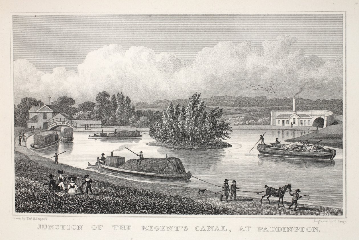 Junção do Regent&39;s Canal em Paddington, do pub "London and its Environs in the 19th Century". Jones und Co., 1827-1829 de Thomas Hosmer Shepherd