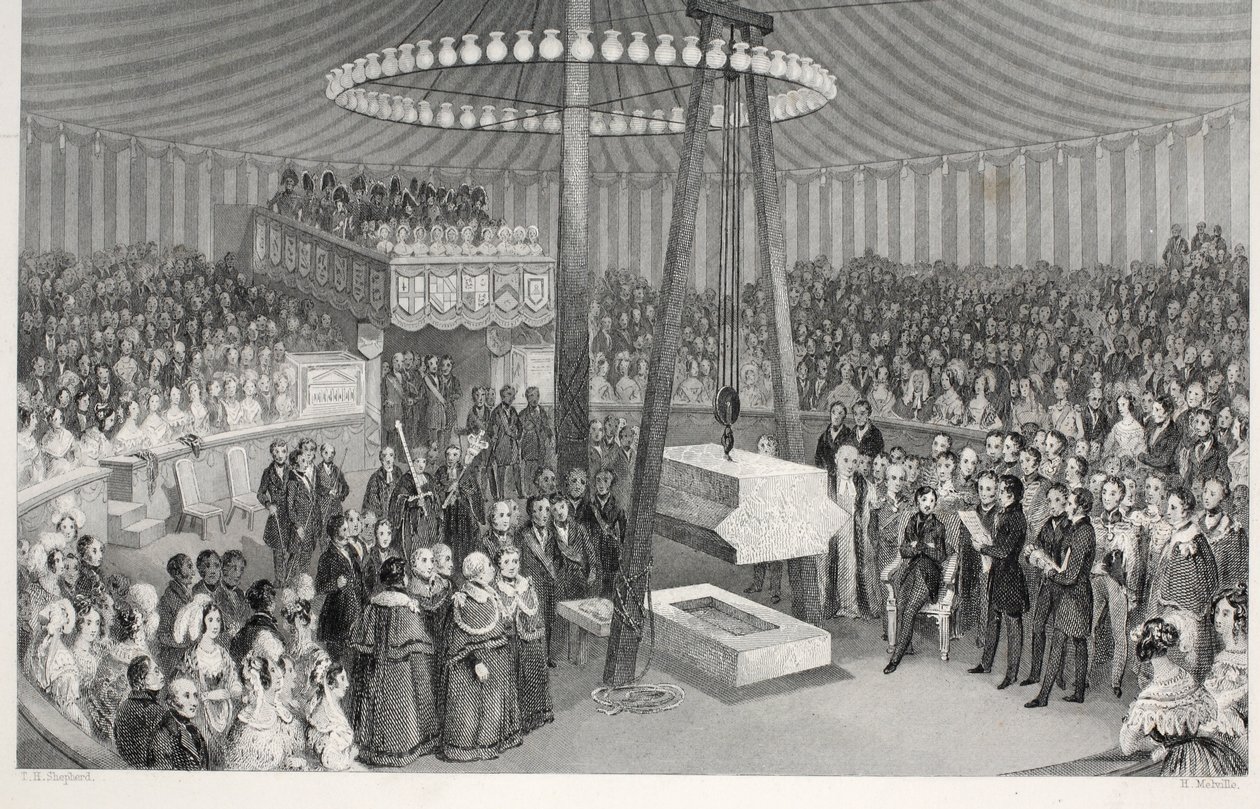 Colocando a primeira pedra do New Royal Exchange, do pub "London Interiors with Costumes and Ceremonies". Joseph Mead, Londres, c.1843 (gravura em aço) de Thomas Hosmer Shepherd