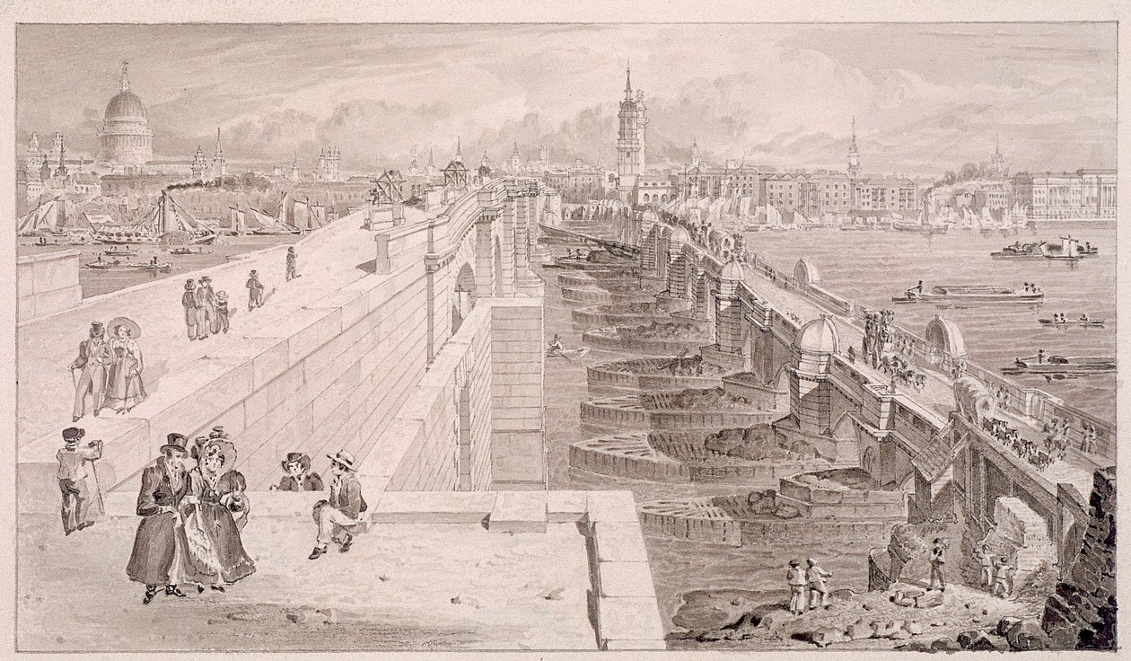 London Bridge velho e novo, Londres, 1831 de Thomas Hosmer Shepherd
