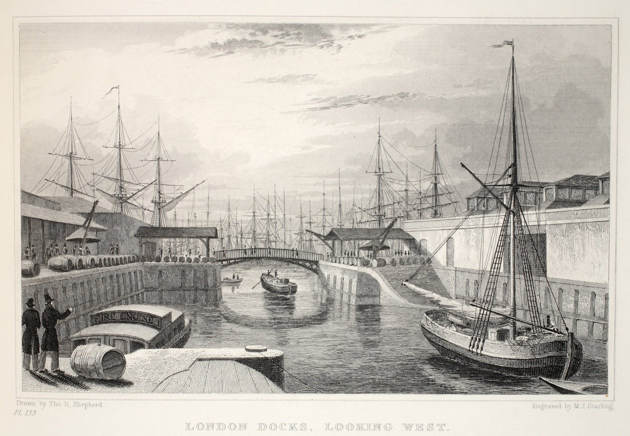 London Docks, olhando para o oeste, do pub "London and its Environs in the 19th Century". Jones und Co., 1827-1829 de Thomas Hosmer Shepherd