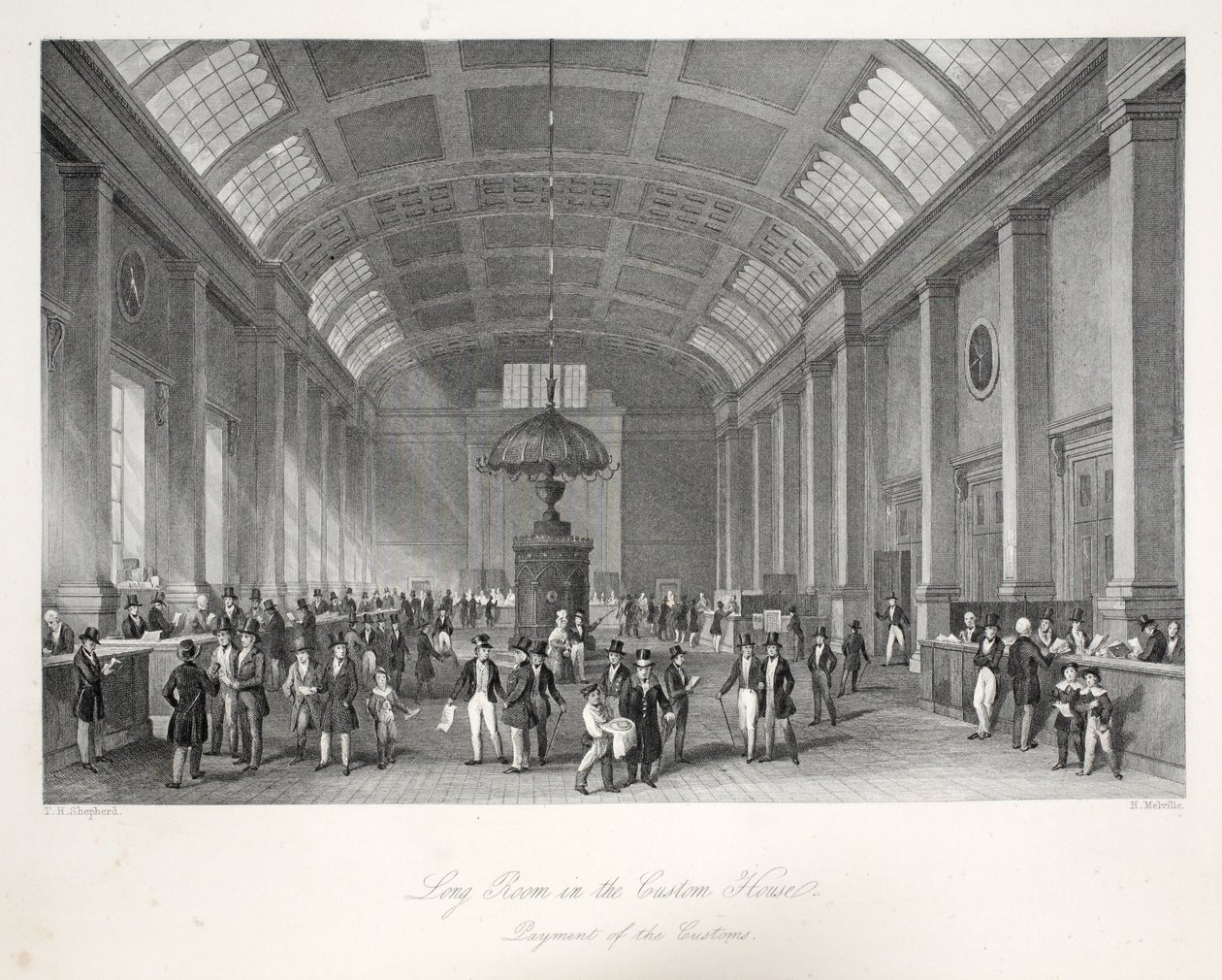 Long Room na Custom-House, do pub "London Interiors with Costumes and Ceremonies". Joseph Mead, Londres, c.1843 (gravura em aço) de Thomas Hosmer Shepherd