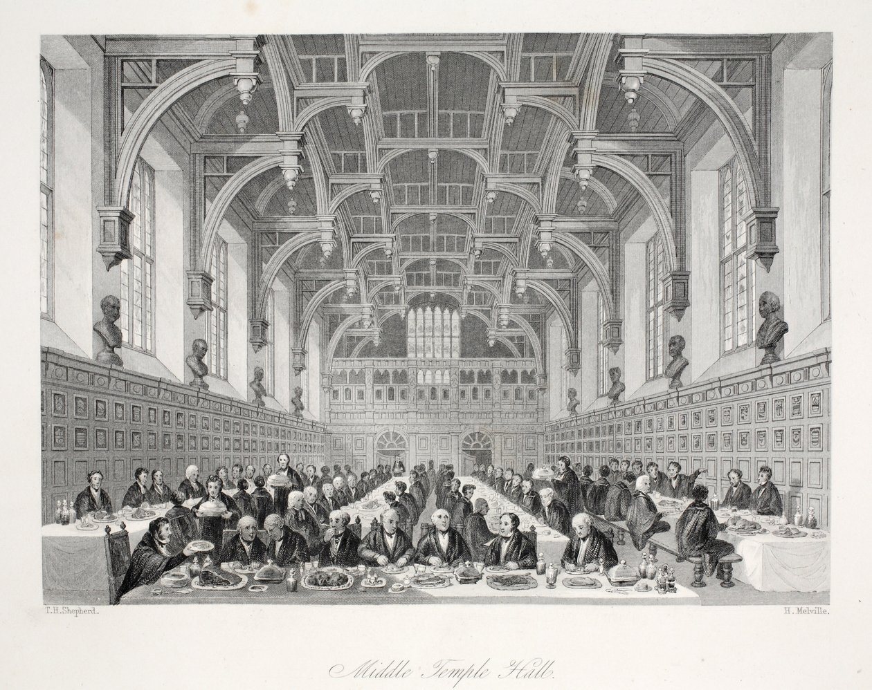 Middle Temple Hall, do pub "London Interiors with their Costumes and Ceremonies". Joseph Mead, Londres, c.1843 (gravura em aço) de Thomas Hosmer Shepherd