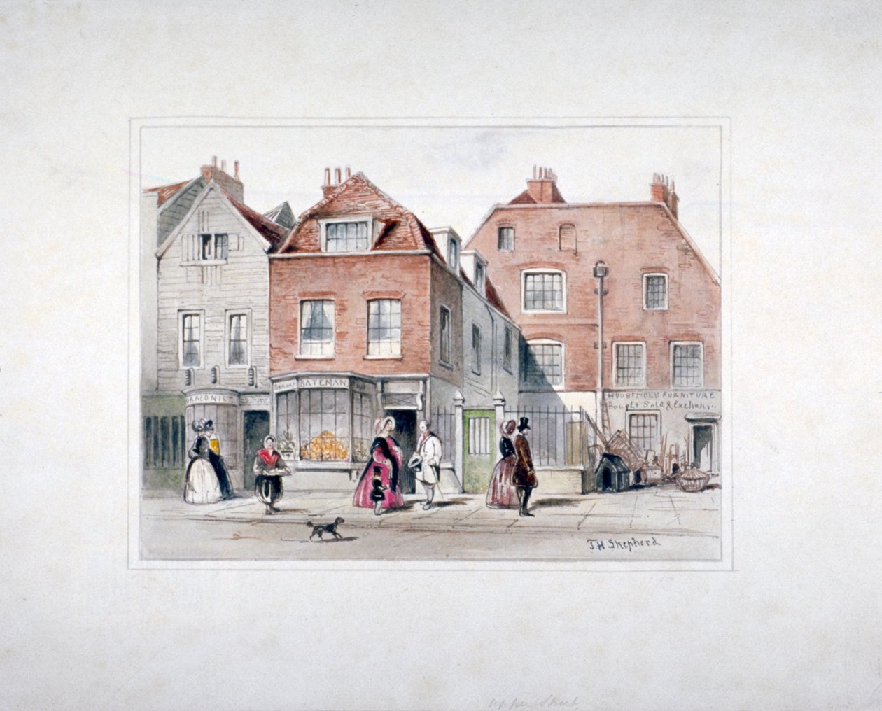 Casa do Sr. Upcott e figuras na Upper Street, Islington, Londres, c1835. de Thomas Hosmer Shepherd
