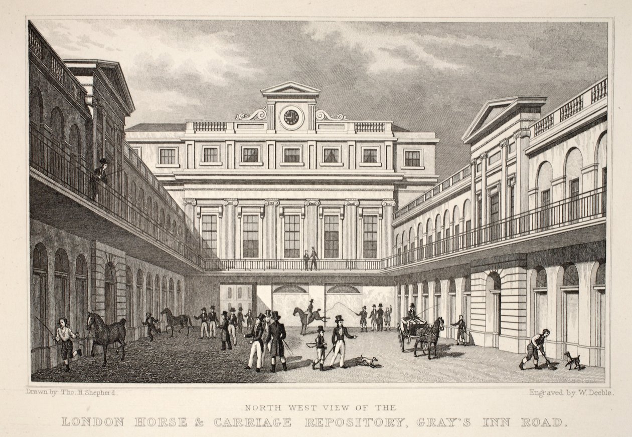 NW Vista do London Horse and Carriage Repository, na Gray&39;s Inn Road, do pub "Londres e seus arredores no século XIX". Jones und Co., 1827-1829 de Thomas Hosmer Shepherd