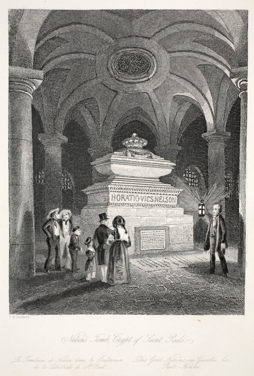Túmulo de Nelson na Cripta de São Paulo, do pub "Interiores de Londres com suas fantasias e cerimônias". Joseph Mead, Londres, c.1843 (gravura em aço) de Thomas Hosmer Shepherd