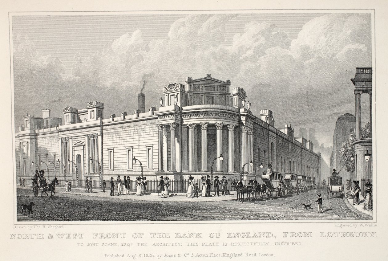 Norte e oeste Frente do Banco da Inglaterra, de Lothbury, do pub "Londres e seus arredores no século XIX". Jones und Co., 1827-1829 de Thomas Hosmer Shepherd