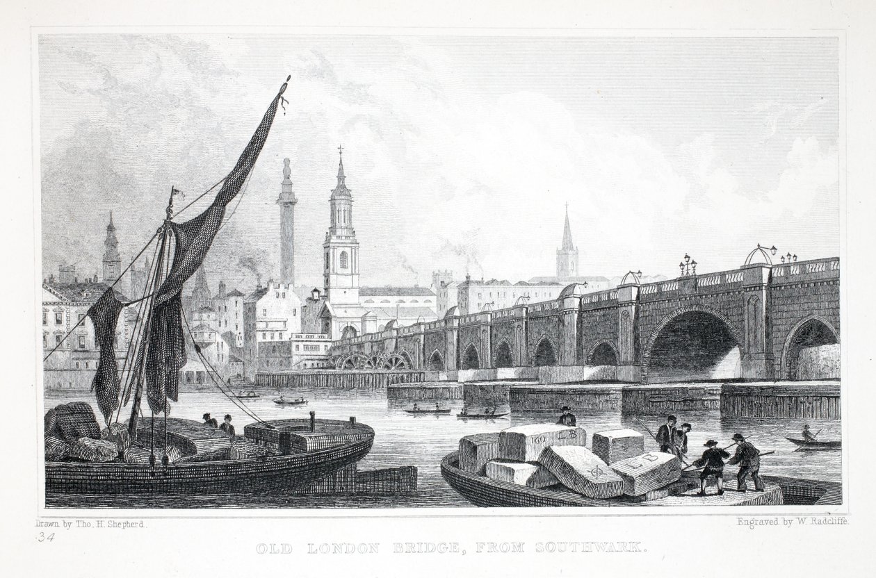 Old London Bridge, de Southwark, do pub "London and its Environs in the 19th Century". Jones und Co., 1827-1829 de Thomas Hosmer Shepherd