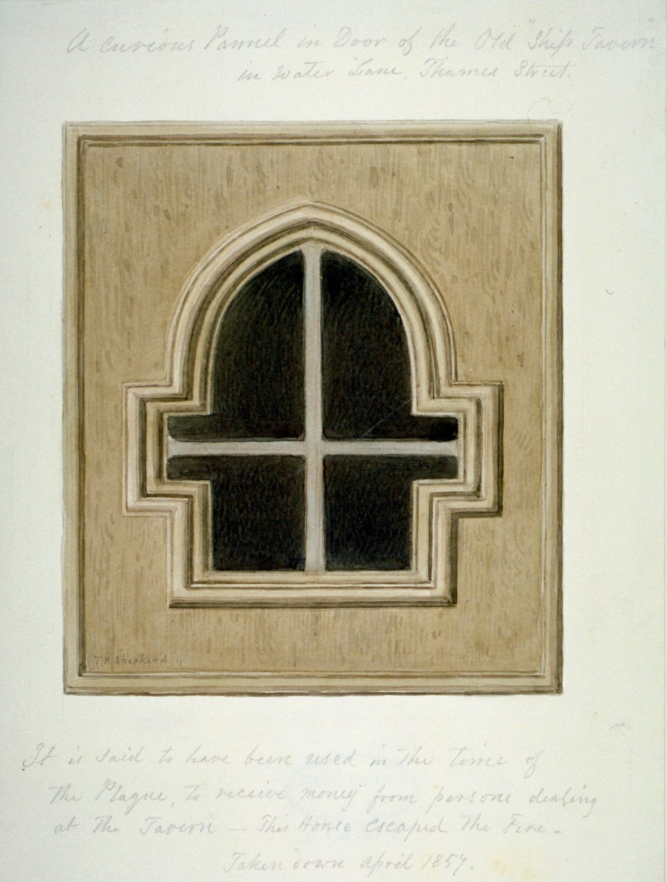 Painel na porta do Ship Tavern, Water Lane, City of London, 1857.                               de Thomas Hosmer Shepherd