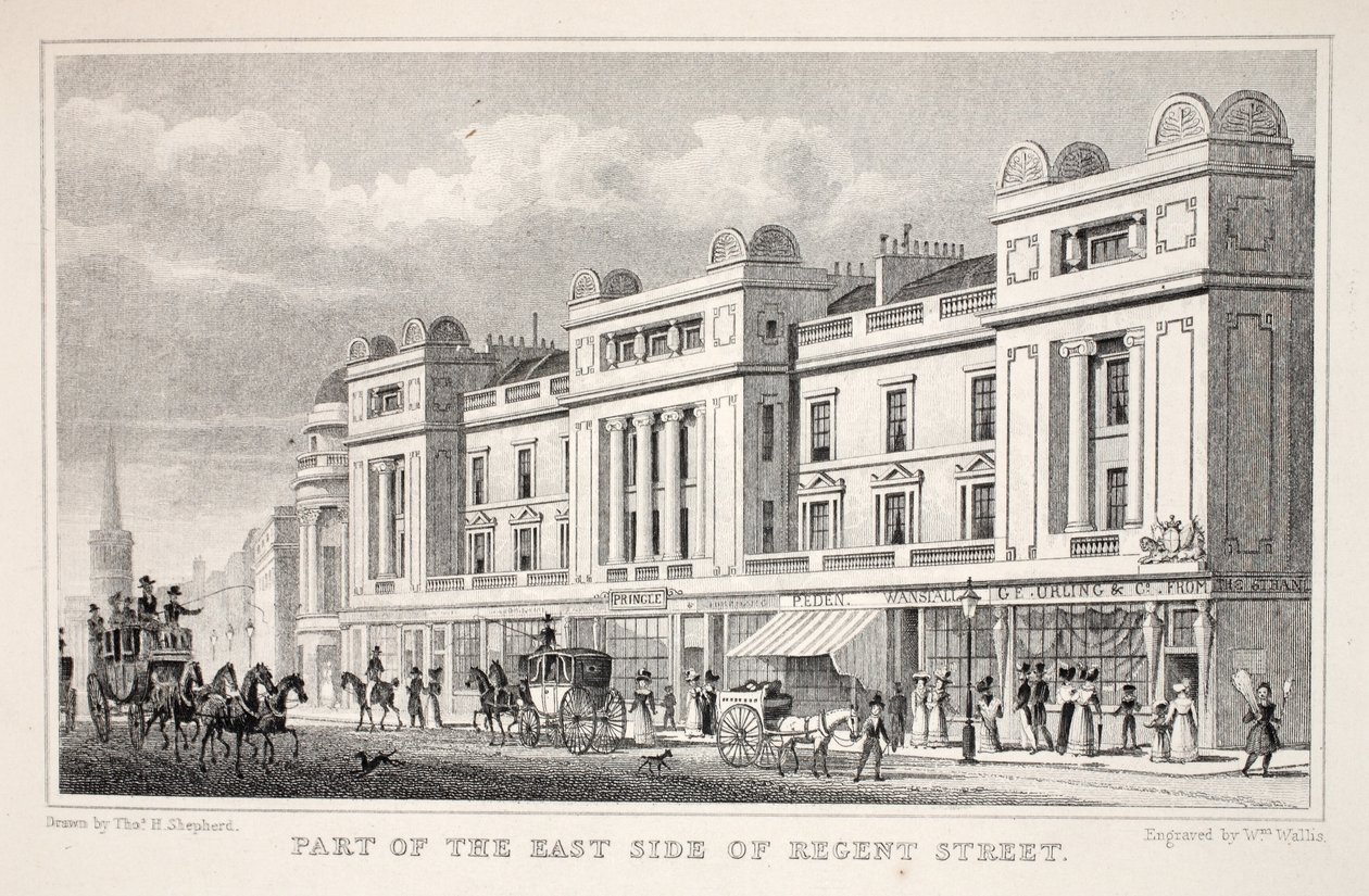 Parte do East Side da Regent Street, do pub "London and its Environs in the 19th Century". Jones und Co., 1827-1829 de Thomas Hosmer Shepherd