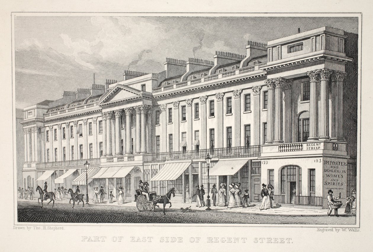 Parte do East Side da Regent Street, do pub "London and its Environs in the 19th Century". Jones und Co., 1827-1829 de Thomas Hosmer Shepherd