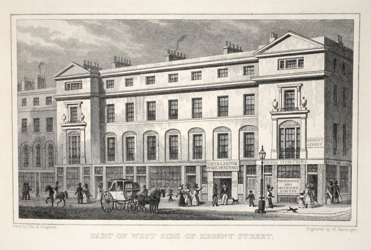Parte do West Side da Regent Street, do pub "London and its Environs in the 19th Century". Jones und Co., 1827-1829 de Thomas Hosmer Shepherd