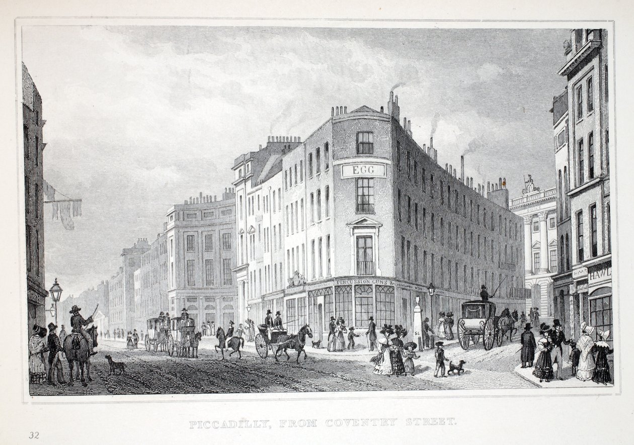 Piccadilly, da Coventry Street, do pub "London and its Environs in the 19th Century". Jones und Co., 1827-1829 de Thomas Hosmer Shepherd