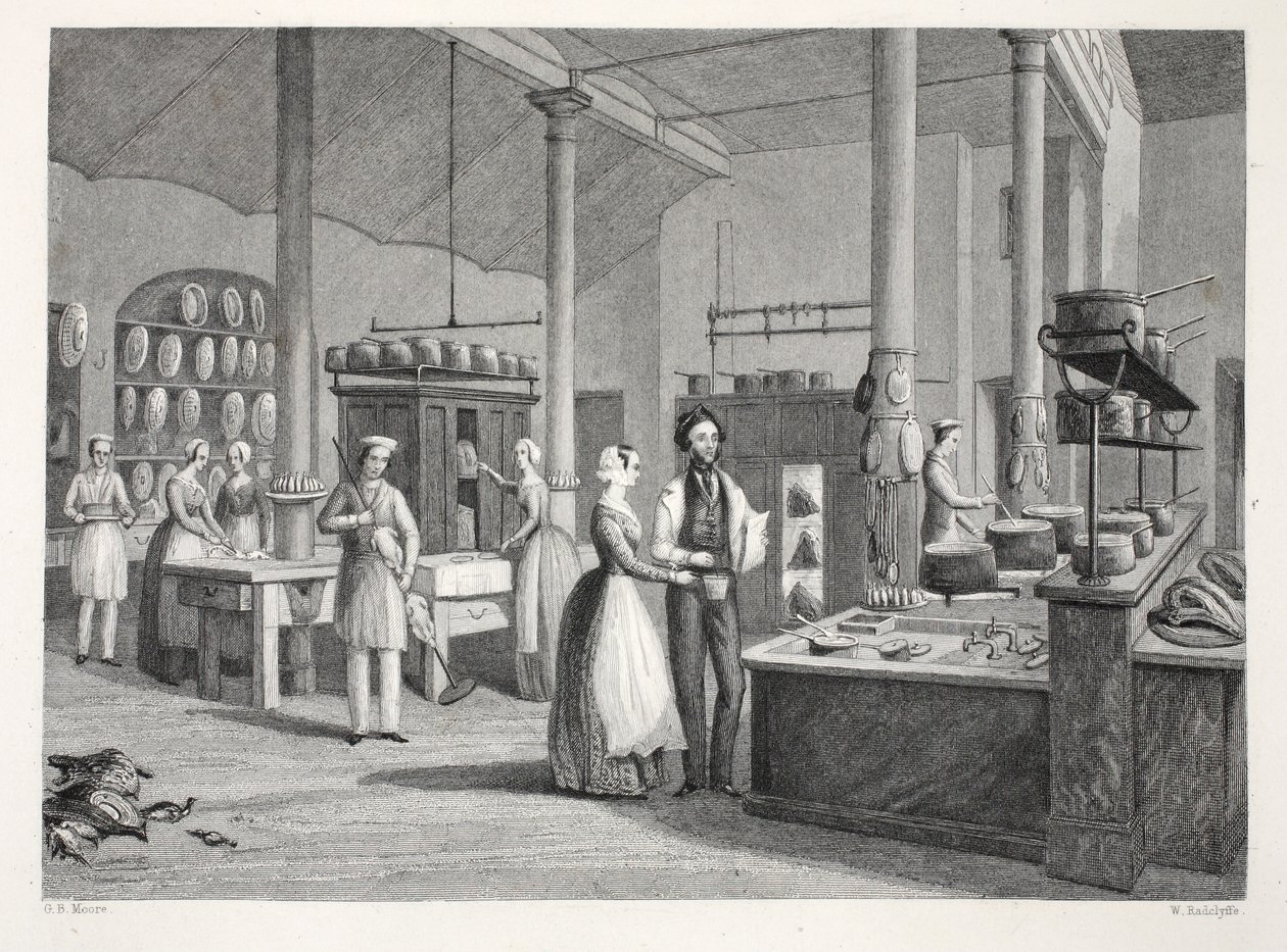 Reform Club - a cozinha, do pub "London Interiors with Costumes and Ceremonies". Joseph Mead, Londres, c.1843 (gravura em aço) de Thomas Hosmer Shepherd