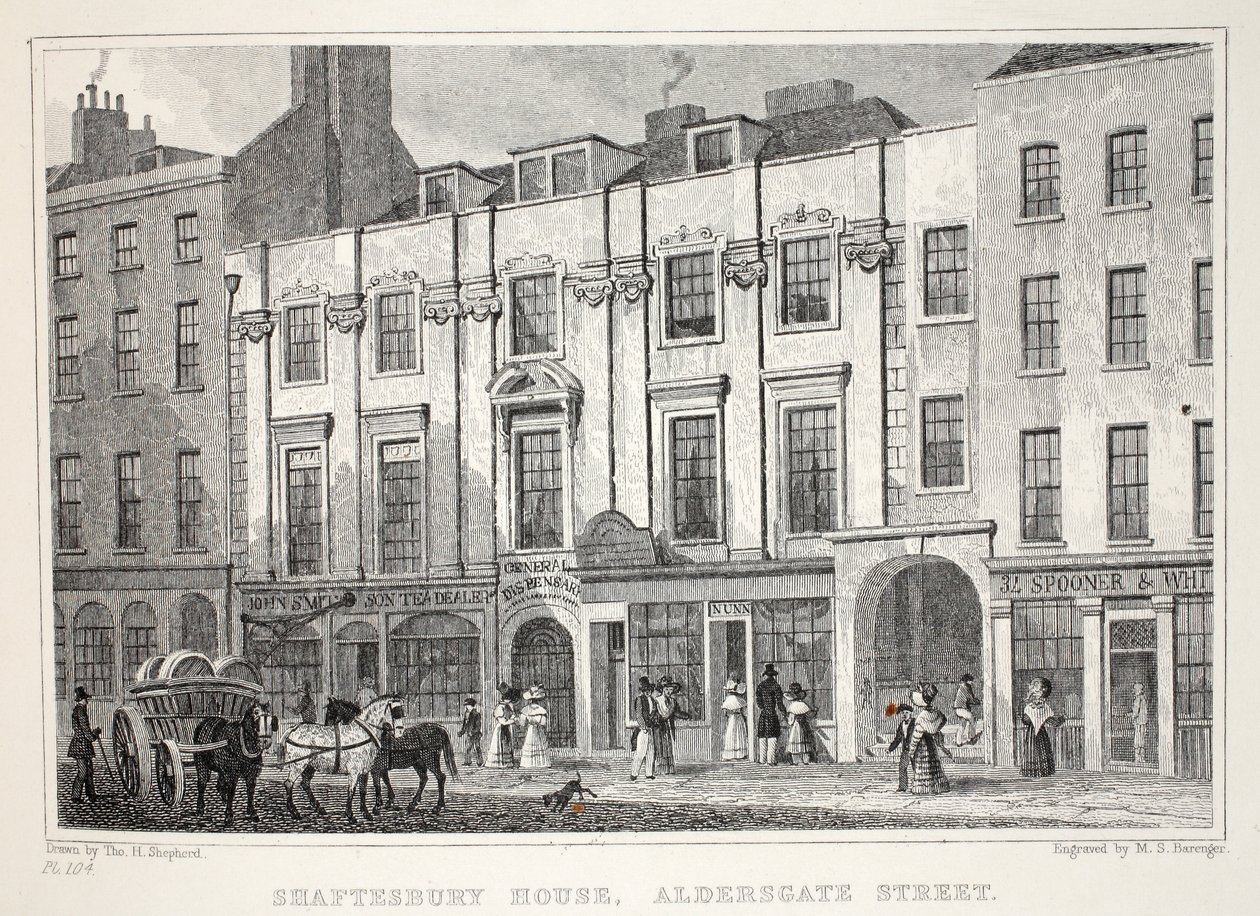 Shaftesbury House, Aldersgate Street, do pub "London and its Environs in the 19th Century". Jones und Co., 1827-1829 de Thomas Hosmer Shepherd