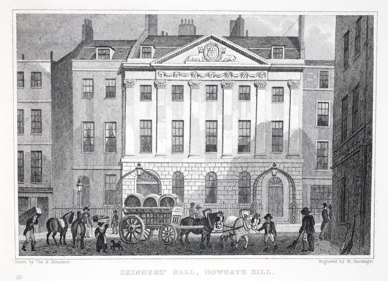 Salão de Skinner, Dowgate Hill, do pub "London and its Environs in the 19th Century". Jones und Co., 1827-1829 de Thomas Hosmer Shepherd