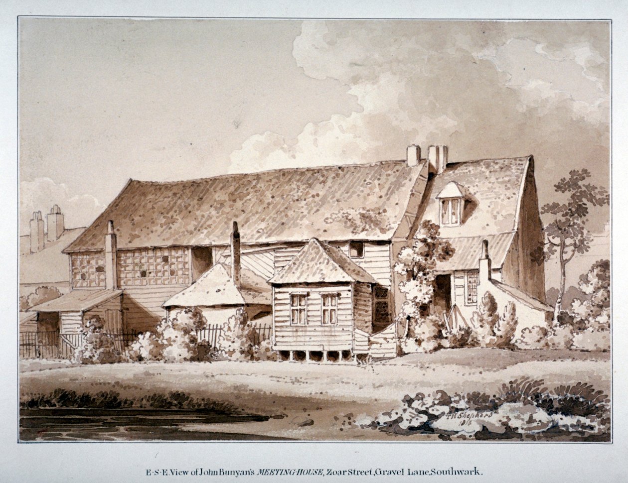 Vista sudeste da casa de reuniões de John Bunyan, Zoar Street, Southwark, Londres, 1813 de Thomas Hosmer Shepherd