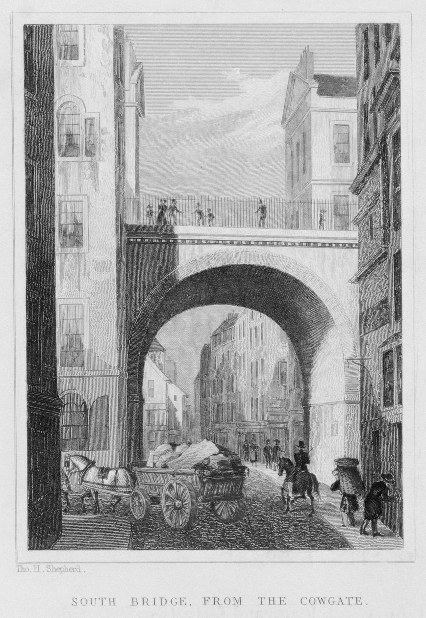 Ponte Sul do Cowgate, Edimburgo, gravado por William Watkins, 1831 de Thomas Hosmer Shepherd