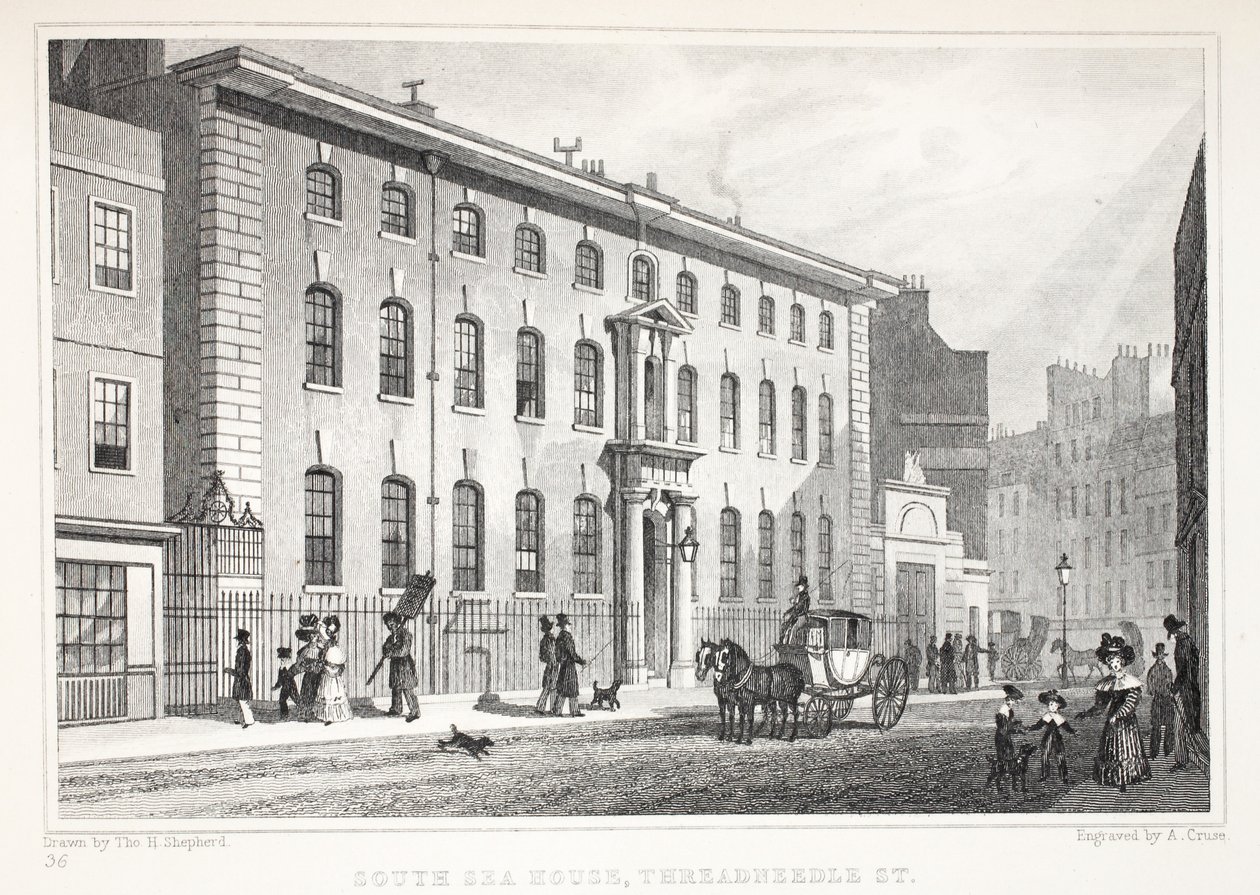 South Sea House, Threadneedle Street, do pub "London and its Environs in the 19th Century". Jones und Co., 1827-1829 de Thomas Hosmer Shepherd