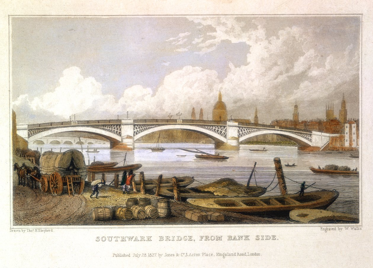 Ponte Southwark de Bank Side, Londres, 1817 de Thomas Hosmer Shepherd