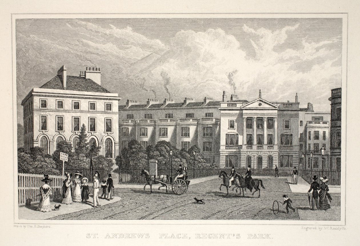 Lugar de St Andrew, Regent&39;s Park, do pub "London and its Environs in the 19th Century". Jones und Co., 1827-1829 de Thomas Hosmer Shepherd