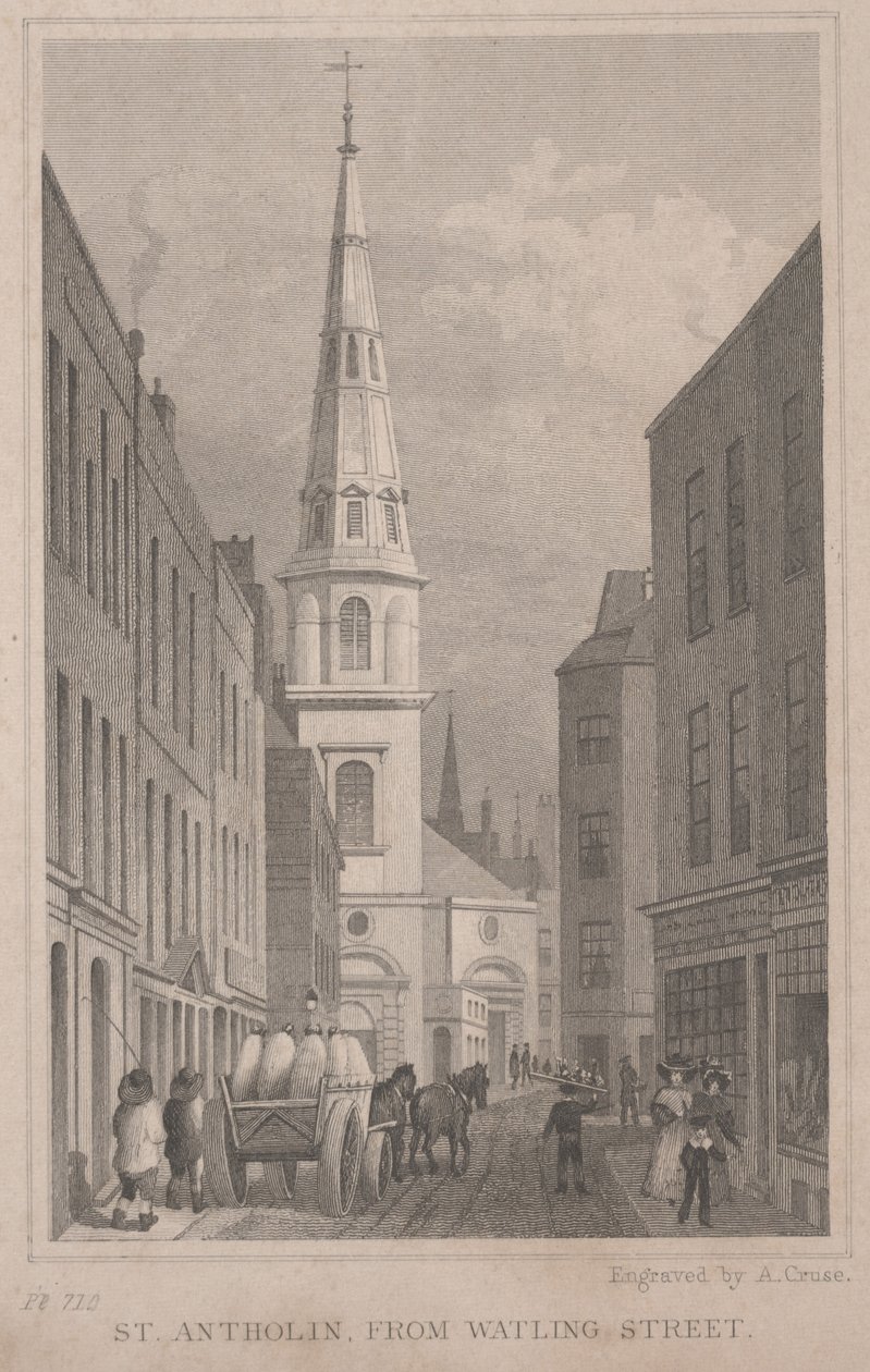 St. Antholin, da Watling Street, gravado por A. Cruse, c.1830 (gravura) de Thomas Hosmer Shepherd