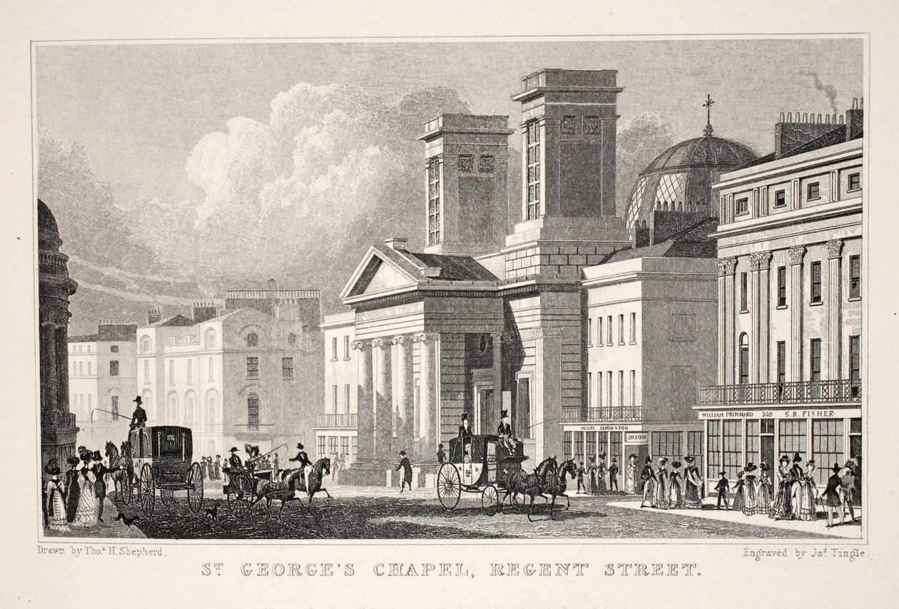 Capela de São Jorge, Regent Street, do pub "London and its Environs in the 19th Century". Jones und Co., 1827-1829 de Thomas Hosmer Shepherd