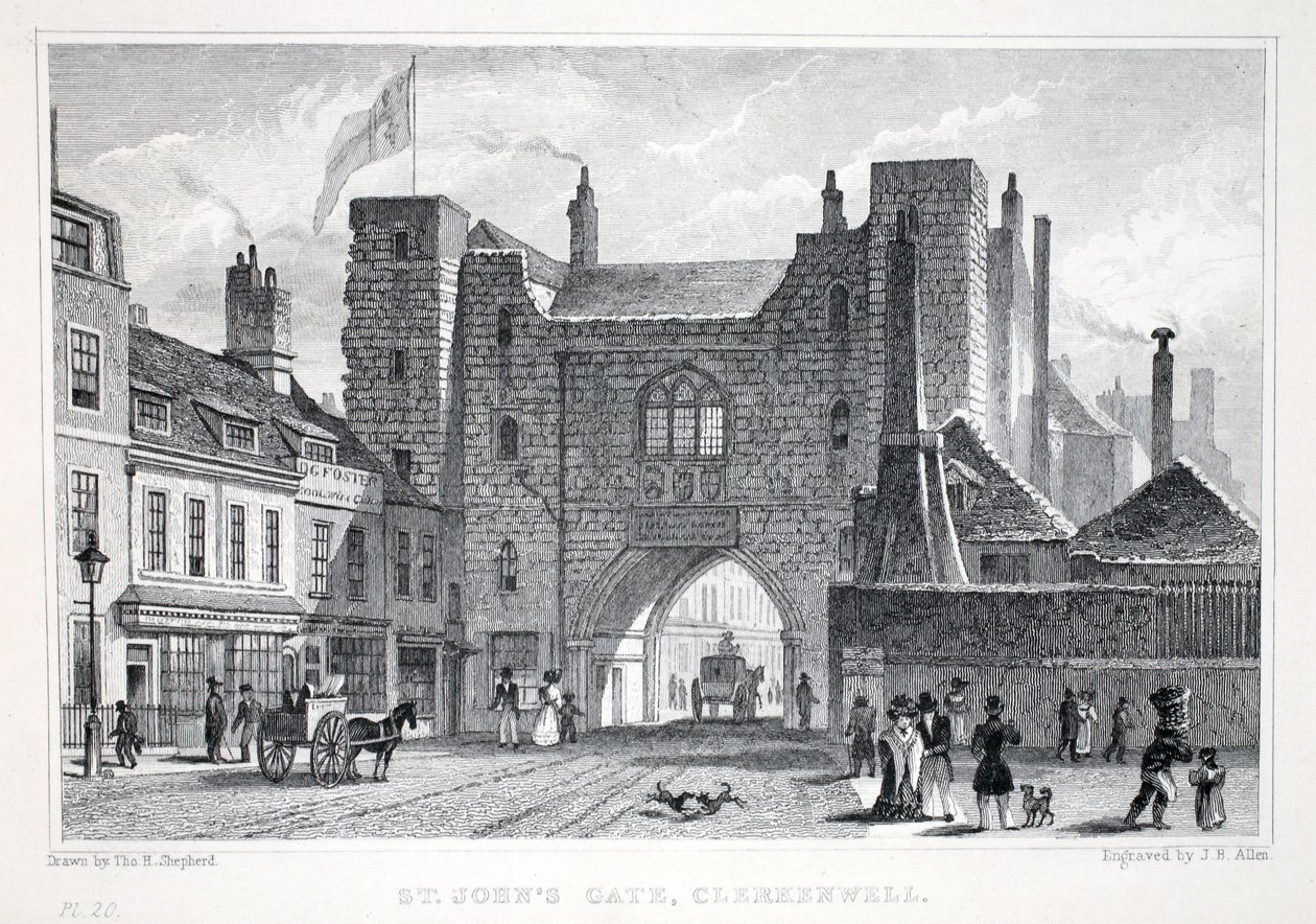 Portão de St Johns, Clerkenwell, do pub "London and its Environs in the 19th Century". Jones und Co., 1827-1829 de Thomas Hosmer Shepherd