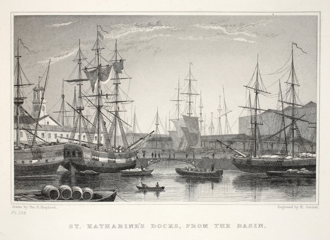 St Katherine Docks, da Bacia, Tower, de Londres e é Environs no pub do século XIX. Jones und Co., 1827-1829 de Thomas Hosmer Shepherd