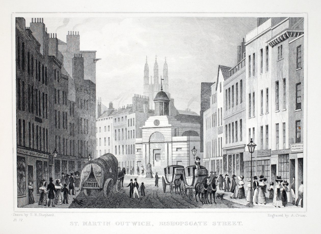 St Martin Outwich, rua de Bishopsgate, de Londres e é Environs no pub do século XIX. Jones und Co., 1827-1829 de Thomas Hosmer Shepherd