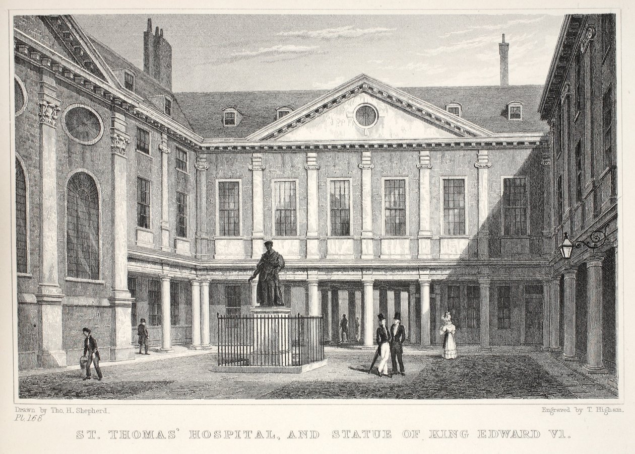 O hospital de St Thomas e a estátua do rei Edward VI, do pub "Londres e seus arredores no século XIX". Jones und Co., 1827-1829 de Thomas Hosmer Shepherd
