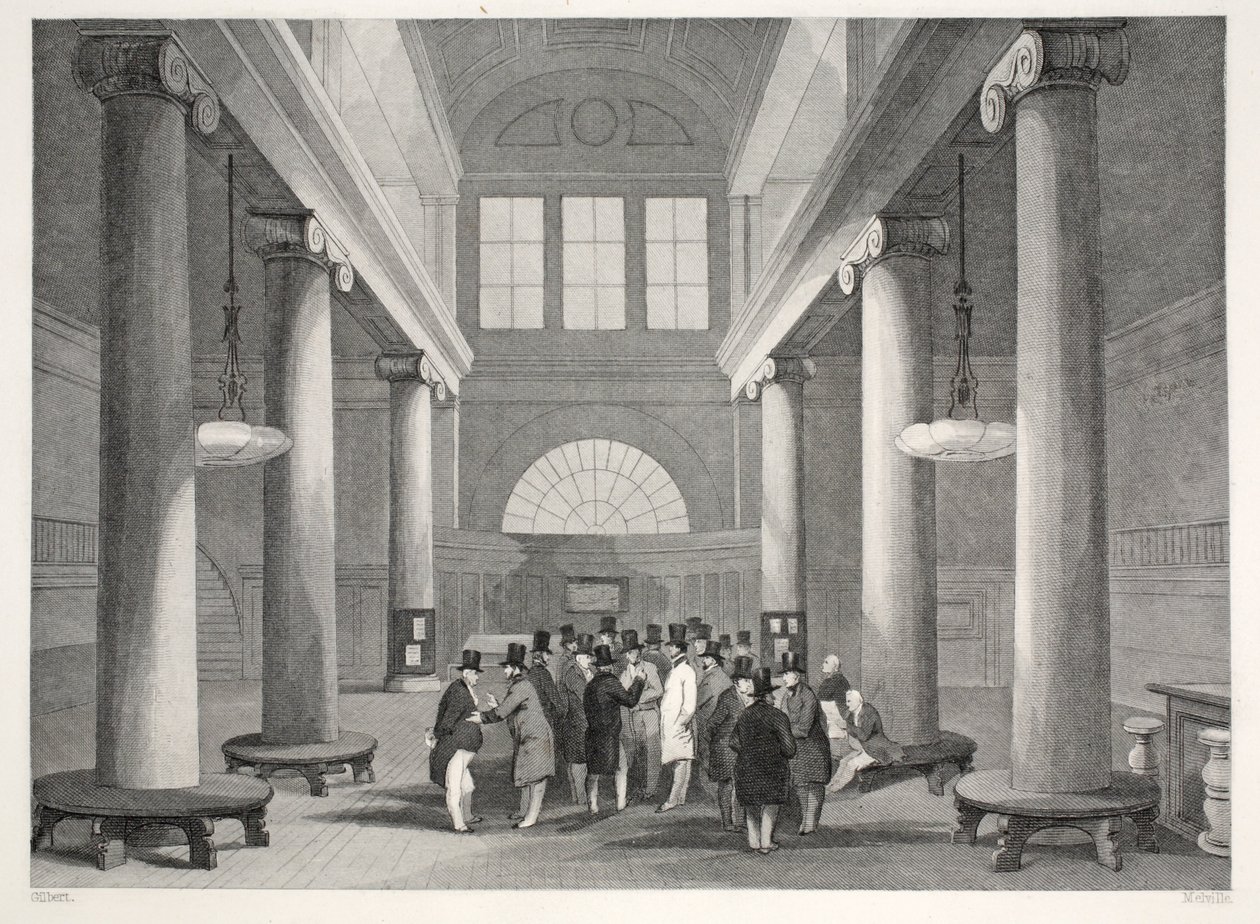 Bolsa de Valores, do pub "London Interiors with their Costumes and Ceremonies". Joseph Mead, Londres, c.1843 (gravura em aço) de Thomas Hosmer Shepherd
